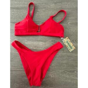 Shekini True Red U Ring High Waisted Cheeky 2pc Swimsuit Women Size Medium